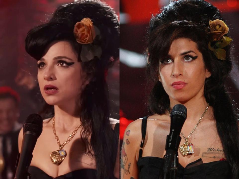 Marisa Abela, left, as Amy Winehouse in "Back to Black." Amy Winehouse, right, performing for the 2008 Grammys.