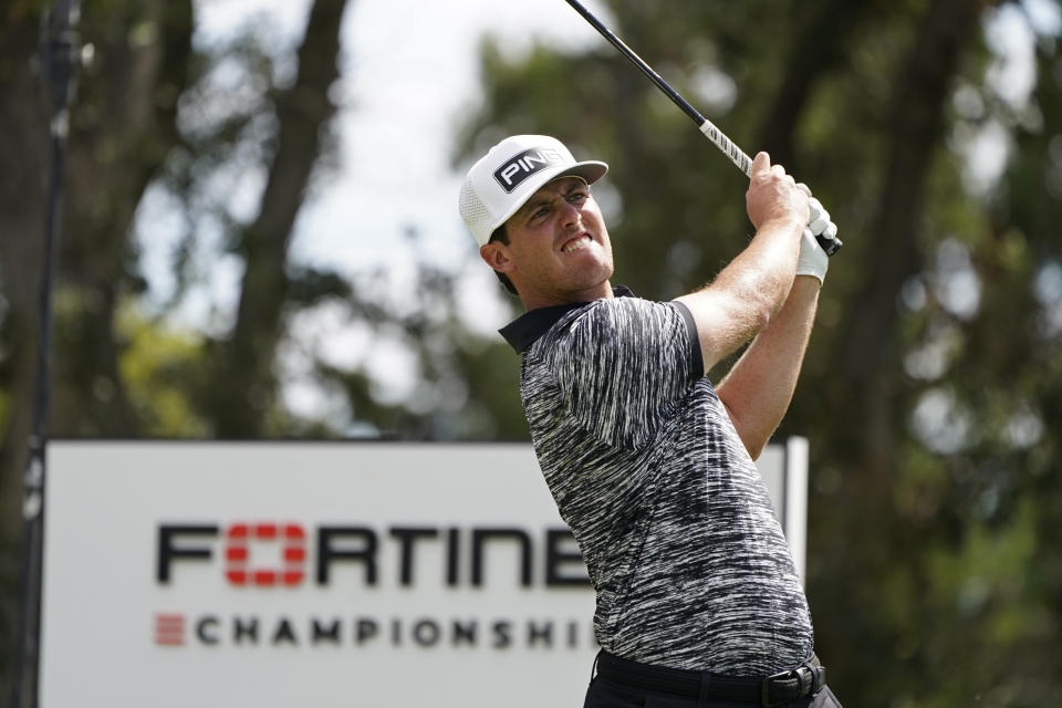 Mito Pereira, of Chile, follows his shot from the second tee of the Silverado Resort North Course during the final round of the Fortinet Championship PGA golf tournament Sunday, Sept. 19, 2021, in Napa, Calif. (AP Photo/Eric Risberg)