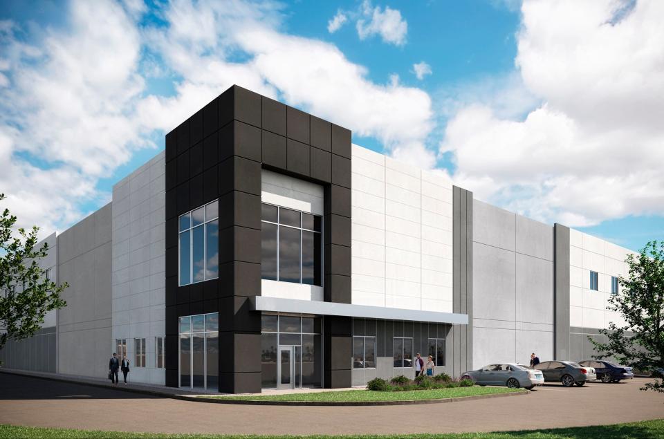 An architect's rendering of part of Tulasi Commerce Park, a 684,616-square-foot, speculative industrial park that recently broke ground in northeast Tulsa, part of a national warehouse boom.