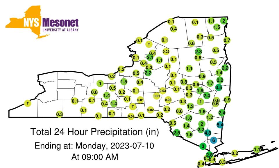 This map shows the precipitation recorded over the 24-hour period ending July 10, 2023 at 9 a.m. at the 126 weather stations comprising the New York State Mesonet. While the Hudson Valley saw totals of 4.8 inches in Beacon and 6 inches in Somers, but citizen readings and other data suggests totals as high as 10 inches.