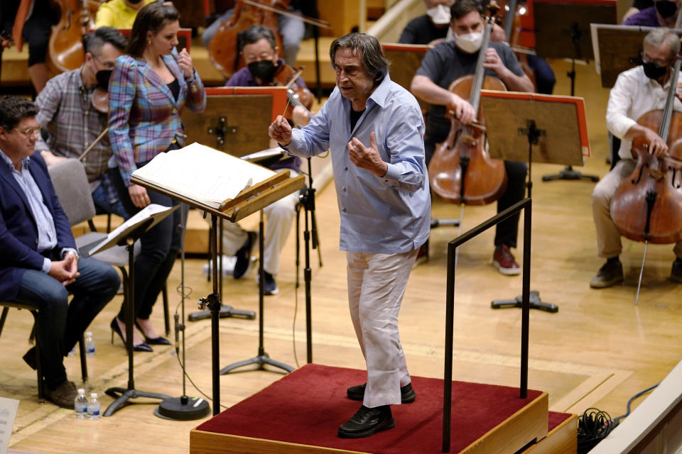 Italian conductor Riccardo Muti, 80, rehearses Verdi's "Un Ballo in Maschera (A masked Ball)" with the Chicago Symphony Orchestra in Chicago on Wednesday, June 22, 2022. Muti, whose Chicago contract runs through the 2022-23 season, considers himself the descendant of strong Italian conductors reaching back to Arturo Toscanini and Tulio Serafin. (AP Photo/Nam Y. Huh)