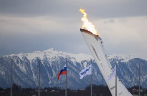 The Olympic Cauldron is tested by fire crews at the Sochi 2014 Winter Olympic Park in the Costal Cluster on January 27, 2014 in Sochi, Russia