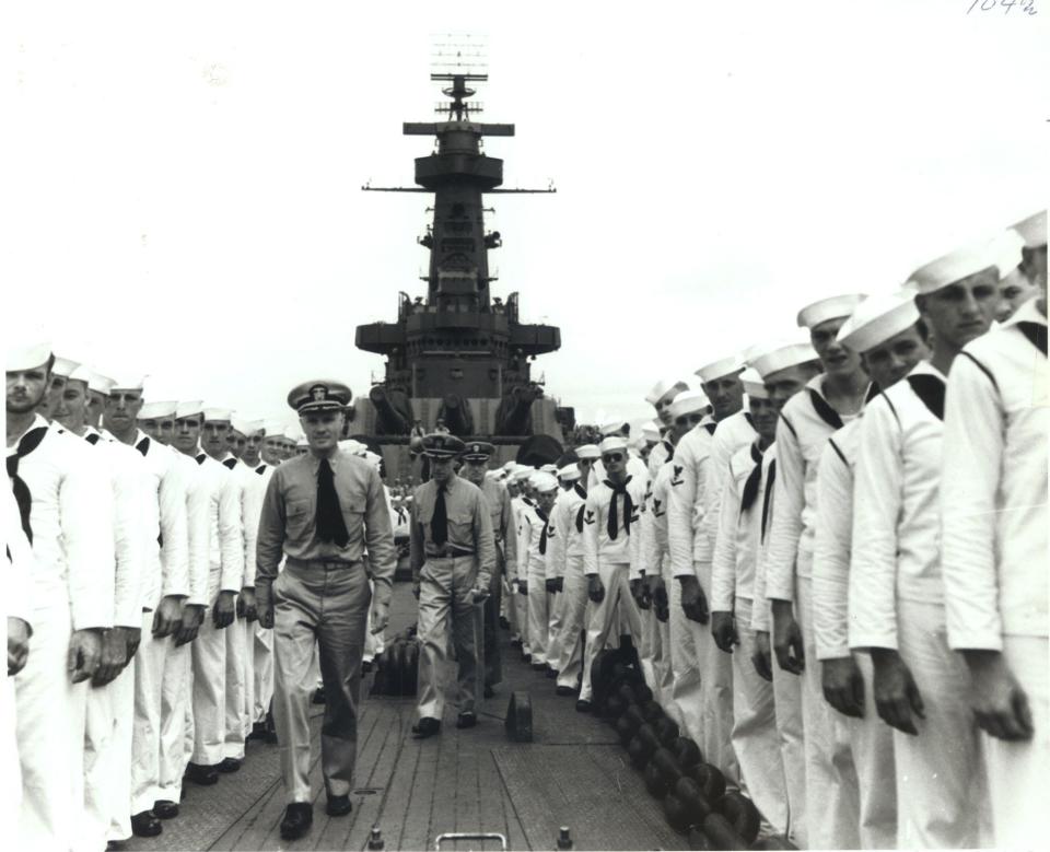 Change of command ceremony on the Battleship N.C. on Dec. 5, 1942. Pless would have been aboard at this time and is perhaps in the photo somewhere.