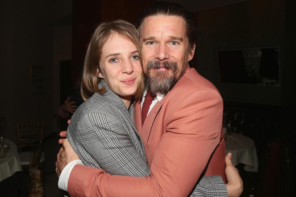 NEW YORK, NY - JANUARY 24: (EXCLUSIVE COVERAGE) Maya Hawke and father Ethan Hawke pose at the opening night after party for the Roundabout Theatre Company's production of Sam Shepard's "True West" on Broadway at Brasserie 8 1/2 on January 24, 2019 in New York City. (Photo by Bruce Glikas/Bruce Glikas/FilmMagic)