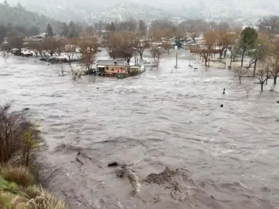 The overflowed Kern River is shown in this screengrab from a video obtained from social media, in Kernville, Calif., March 10, 2023. / Credit: Matt Volpert/gorafting.com/via REUTERS