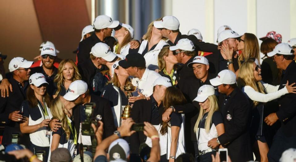 <p>The USA team and their partners with the Ryder Cup at the Closing Ceremony of The 2016 Ryder Cup Matches at the Hazeltine National Golf Club in Chaska, Minnesota, USA. (Photo By Ramsey Cardy/Sportsfile via Getty Images)</p>