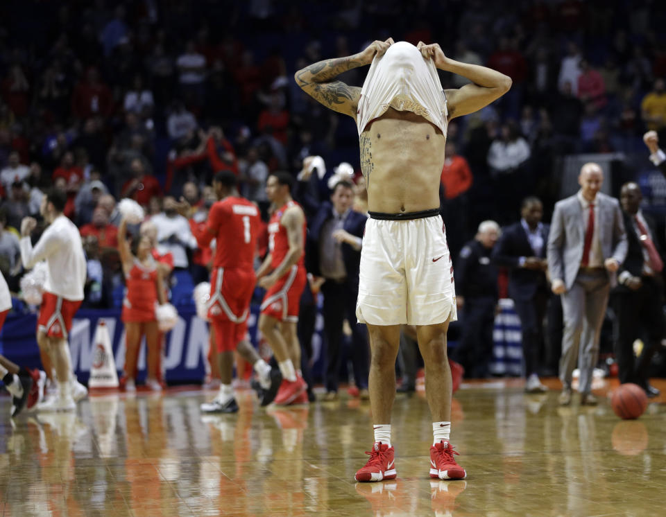 Iowa State's Nick Weiler-Babb reacts after Iowa State lost to Ohio State in their first round men's college basketball game in the NCAA Tournament Friday, March 22, 2019, in Tulsa, Okla. Ohio State won 62-59. (AP Photo/Charlie Riedel)