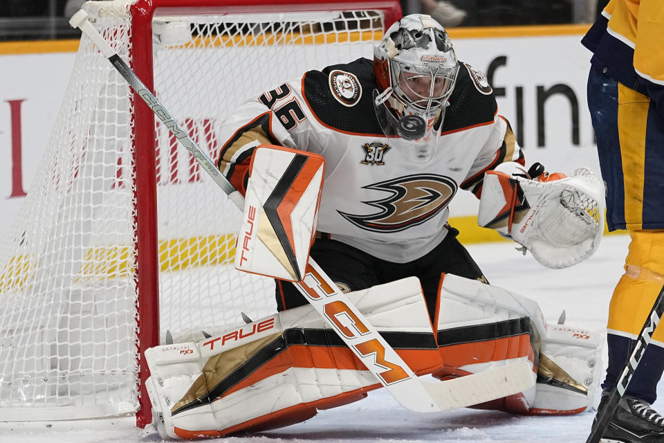 Anaheim Ducks goaltender John Gibson blocks a shot on goal during the second period of an NHL hockey game against the Nashville Predators, Tuesday, Nov. 14, 2023, in Nashville, Tenn. (AP Photo/George Walker IV)