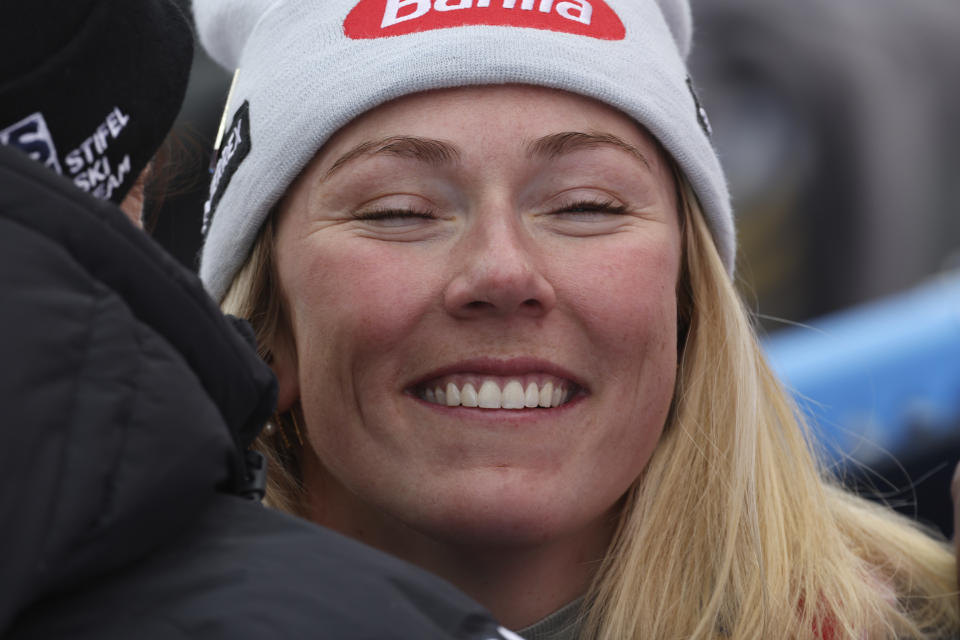 United States' Mikaela Shiffrin celebrates after winning an alpine ski, women's World Cup giant slalom race, in Are, Sweden, Friday, March 10, 2023. Shiffrin has won her record-tying 86th World Cup race with victory in a giant slalom, matched the overall record set by Swedish great Ingemar Stenmark 34 years ago. (AP Photo/Alessandro Trovati)