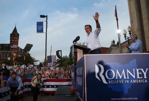 Republican presidential candidate Mitt Romney speaks during a campaign rally at Ross County Courthouse on August 14, 2012 in Chillicothe, Ohio. Romney lashed Barack Obama as "angry and desperate" and told him to take his "hate" home to Chicago