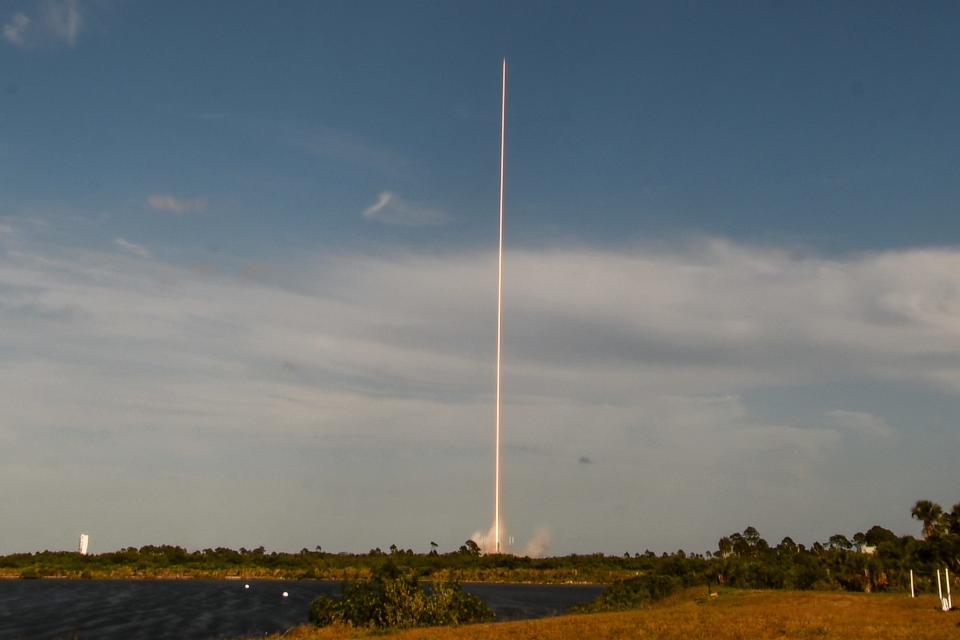 A SpaceX Falcon 9 rocket carrying Starlink satellites lifts off Sunday from Cape Canaveral Space Force Station.