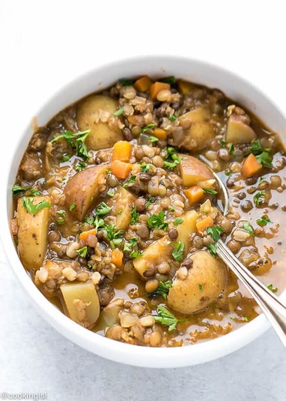 <p>Cooking LSL</p><p>Quick and simple to make, this easy soup is a chunky, hearty and comforting meal—perfect for the cold weather. Nutritious lentils, rich in protein and fiber, combined with potatoes for a healthy and flavorful soup.</p><p><strong>Get the recipe: <a href="https://cookinglsl.com/easy-lentil-potato-soup-recipe/" rel="nofollow noopener" target="_blank" data-ylk="slk:Easy Lentil Potato Soup;elm:context_link;itc:0;sec:content-canvas" class="link ">Easy Lentil Potato Soup</a></strong></p>