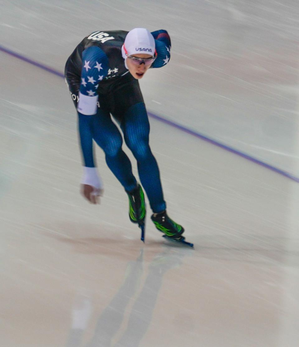 Jordan Stolz competes in the 5,000m event Thursday at Pettit National Ice Center.