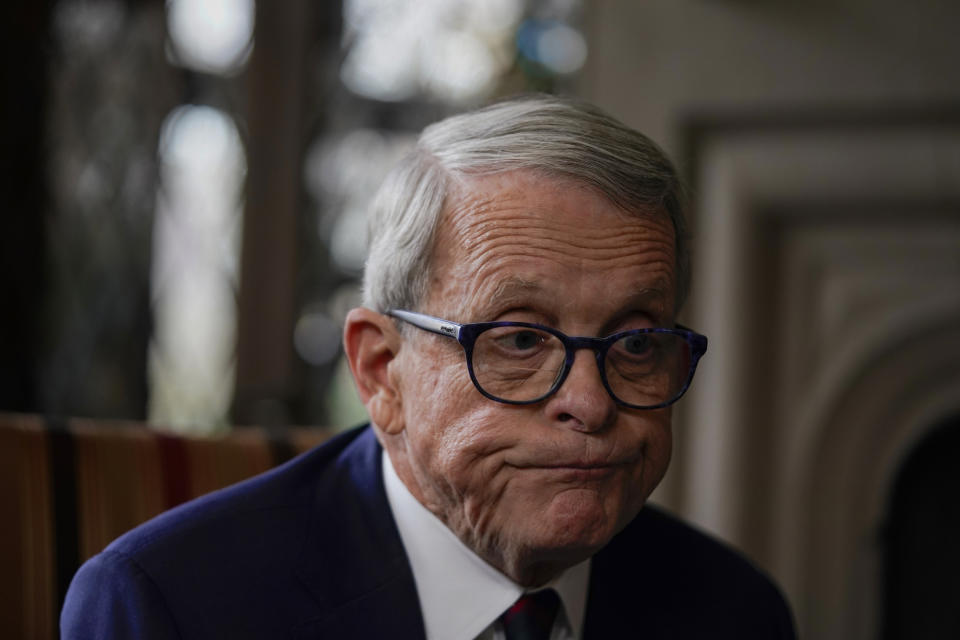 Ohio Gov. Mike DeWine pauses as he speaks during an interview with The Associated Press at The Ohio Governor's Residence in Columbus, Ohio, Thursday, Dec. 21, 2023. (AP Photo/Carolyn Kaster)