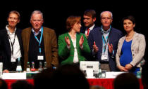 L-R top candidates for Germany's upcoming general elections Alice Weidel and Alexander Gauland of the anti-immigration party Alternative for Germany (AFD) stand on stage with Beatrix von Storch, Andre Poggenburg, Albrecht Glaser and Frauke Petry after being nominated at the AFD party congress in Cologne Germany, April 23, 2017. REUTERS/Wolfgang Rattay