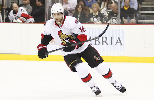 PITTSBURGH, PA - APRIL 13: Clarke MacArthur #16 of the Ottawa Senators skates against the Pittsburgh Penguins during the game at Consol Energy Center on April 13, 2014 in Pittsburgh, Pennsylvania. (Photo by Justin K. Aller/Getty Images)