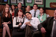 THE OFFICE -- "A.A.R.M." Episode 922 -- Pictured: (l-r) Catherine Tate as Nellie Bertram, Jake Lacy as Pete, Ellie Kemper as Erin Hannon, Rainn Wilson as Dwight Schrute, Kate Flannery as Meredith Palmer, Angela Kinsey as Angela Martin, Oscar Nunez as Oscar Martinez, John Krasinski as Jim Halpert, Jenna Fischer as Pam Beesly Halpert -- (Photo by: Chris Haston/NBCU Photo Bank/NBCUniversal via Getty Images via Getty Images)