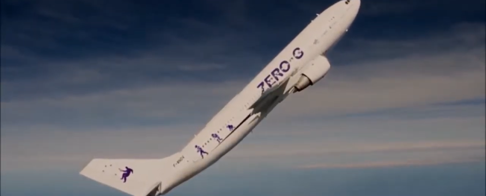 A plane named "Zero G" in the air at a 45-degree angle