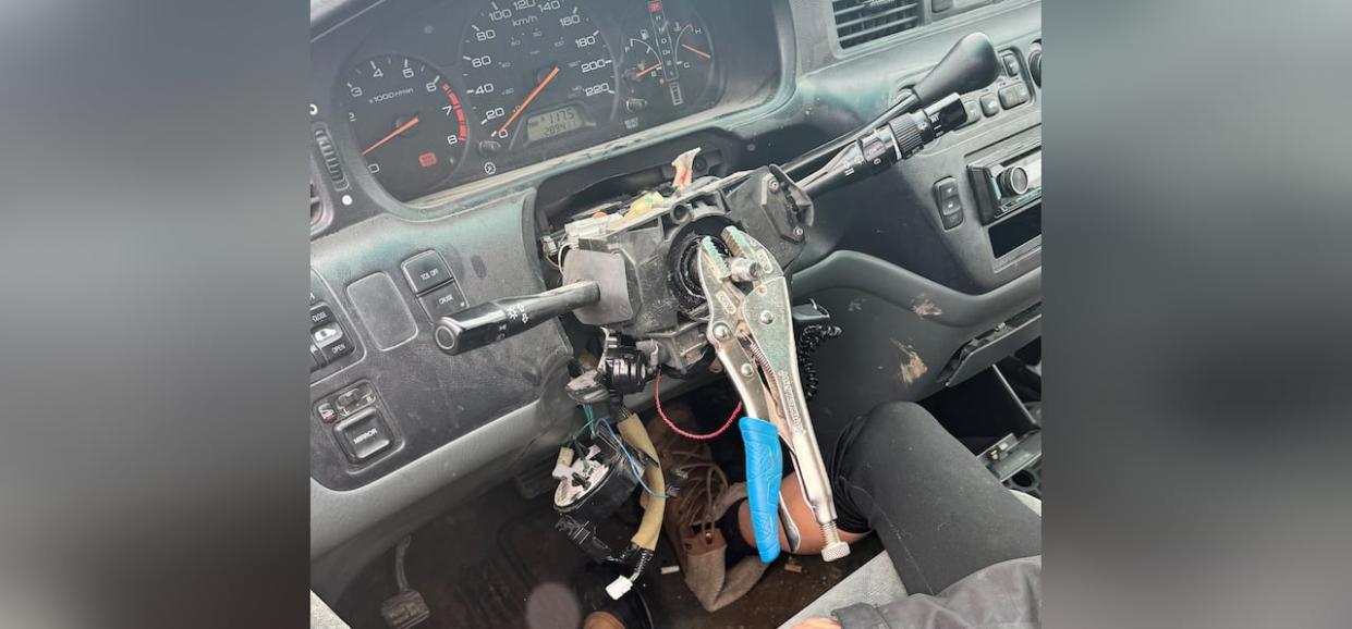 Officers made a traffic stop in the Ahtahkakoop/Shellbrook detachment area and found that the vehicle had no steering wheel and the driver was using vise grips to drive.  (Saskatchewan RCMP - image credit)