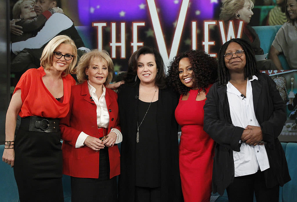 Jenny McCarthy, Barbara Walters, Rosie O'Donnell, Sherri Shepherd and Whoopi Goldberg had some behind-the-scenes drama on "The View," according to a new book. (Photo: Lou Rocco/ABC via Getty Images) 