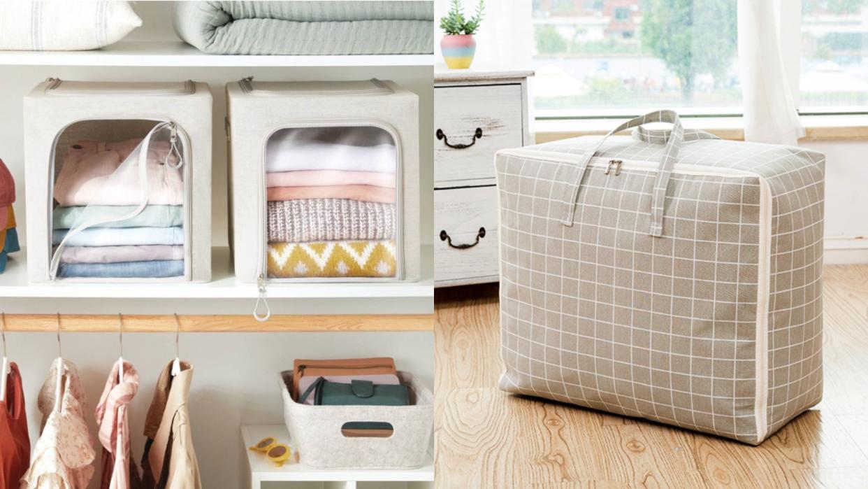  Two storage cubes in a wardrobe and a storage bag on the floor. 