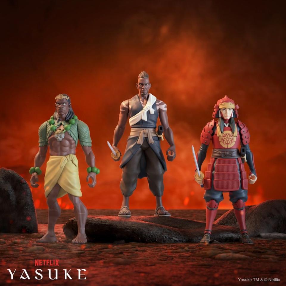 Action figures for (left to right) Natsumaru, Yasuke and Achojah, all against a red background