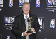 Larry Bird poses in the press room with the lifetime achievement award at the NBA Awards on Monday, June 24, 2019, at the Barker Hangar in Santa Monica, Calif. (Photo by Richard Shotwell/Invision/AP)
