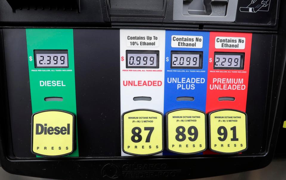 Jacob Praska, Delavan,  was pleased with the price he paid to fill his tank at Fleet Farm in Delavan, Wisconsin, near I-43  and Highway 50, which is selling gasoline for .99 per gallon as gas prices drop during the coronavirus pandemic, Thursday March 26, 2020.  Rick Wood/Milwaukee Journal Sentinel ORG XMIT: 30100109A