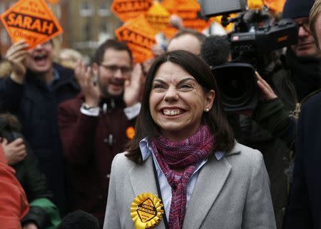 Liberal Democrats winner of the Richmond Park by-election, Sarah Olney, celebrates her victory on Richmond Green in London, Britain December 2, 2016. REUTERS/Peter Nicholls