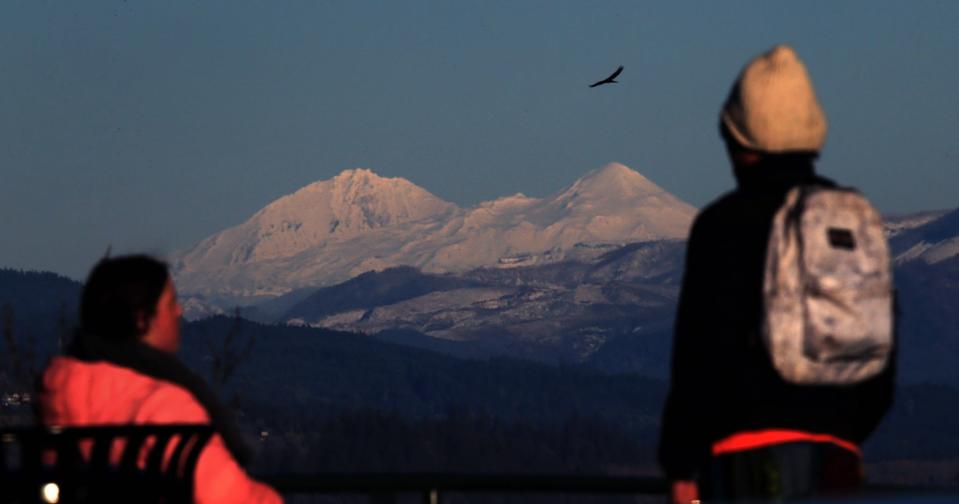 A turkey vulture, center, soars over the Willamette Valley adding to a spectacular view of the snow covered Three Sisters for two visitors to the top of Skinner Butte in Eugene in this file photo from Feb. 24.