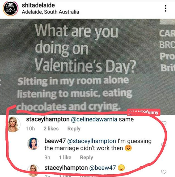 Screenshot shows valentine's Day mock post commented upon by Stacey MAFS bride sharing spoilers