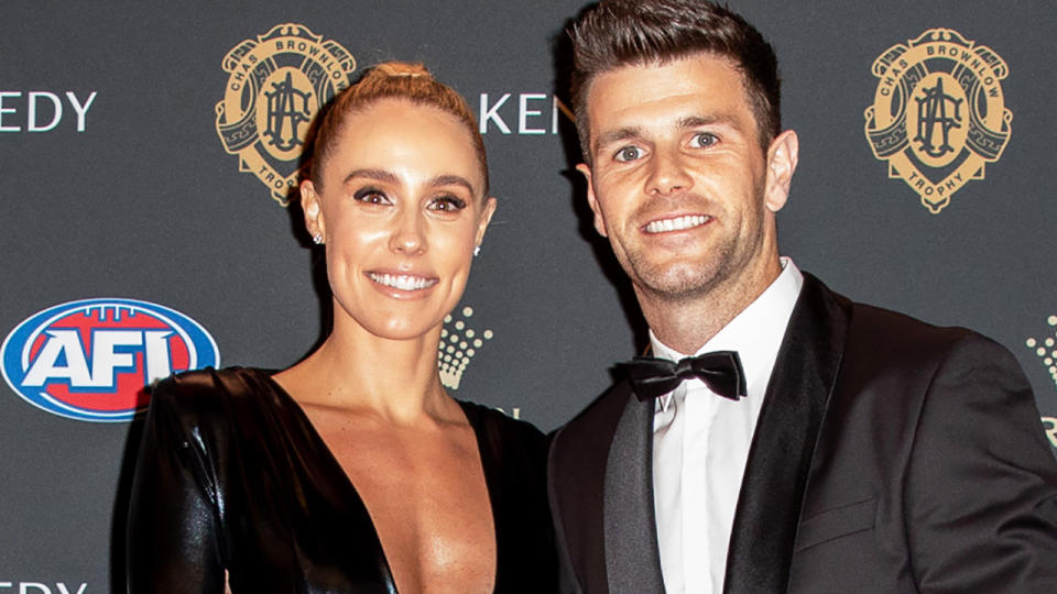 Brooke and Trent Cotchin are pictured at the 2019 AFL Brownlow Medal presentation.