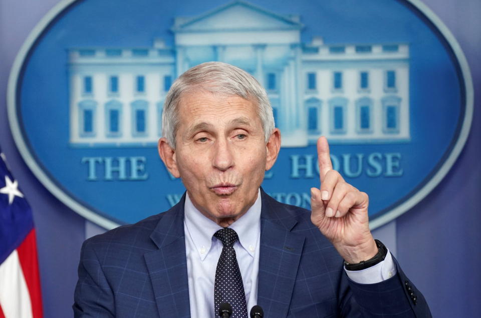 Dr. Anthony Fauci speaks about the Omicron coronavirus variant case, which was detected in California, during a press briefing at the White House in Washington, U.S., December 1, 2021. REUTERS/Kevin Lamarque     