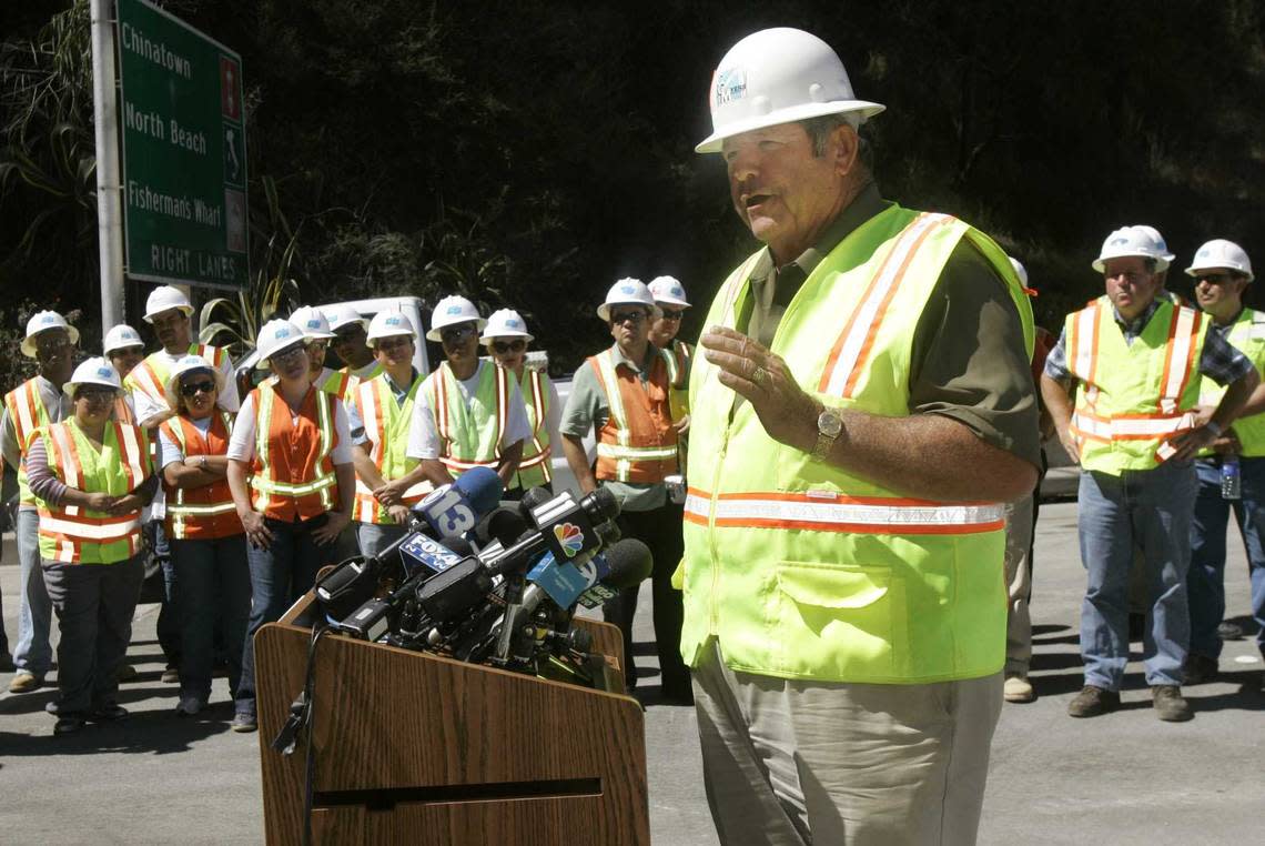Contractor C.C. Myers speaks at a news conference in September 2007 on the Bay Bridge, which was closed for a seismic upgrade. The legendary Sacramento construction icon, who gained fame rebuilding damaged California freeways at breakneck speed, died Wednesday at the age of 85. Jeff Chiu/Associated Press file
