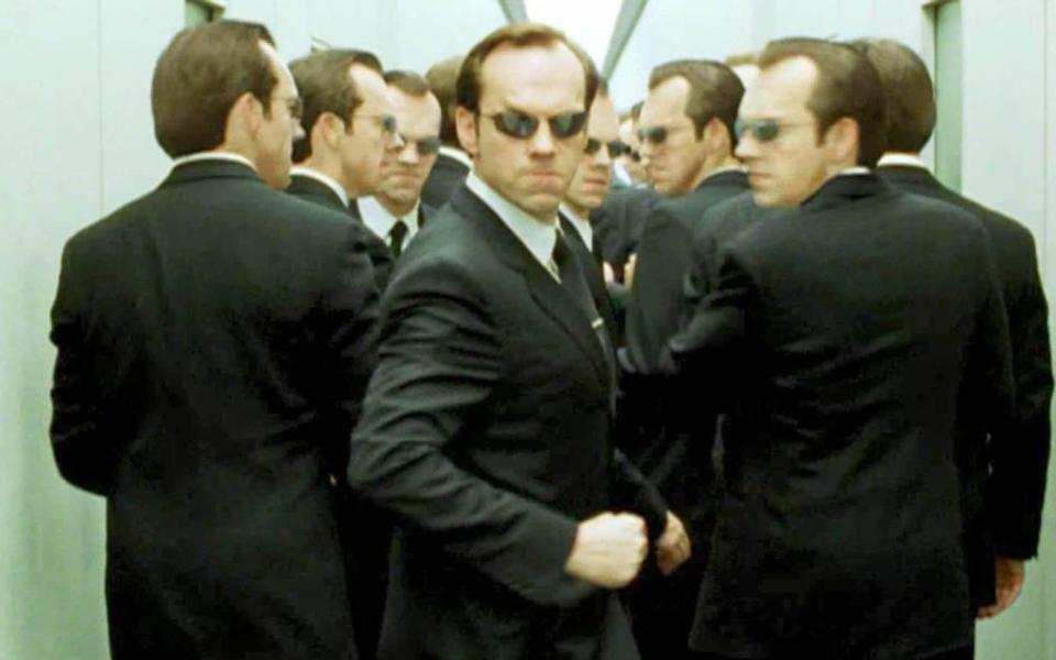 A scene depicting clones which resembles deepfakes in The Matrix