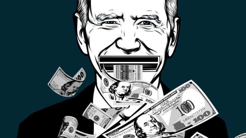 An illustration of Joe Biden where is mouth is a money printer making $100 bills