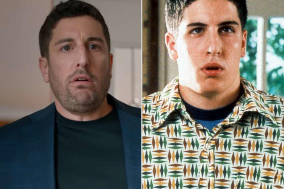 <p>Edwards Desserts;Universal</p> Jason Biggs in the "American Pie" scene re-do (left) and the original