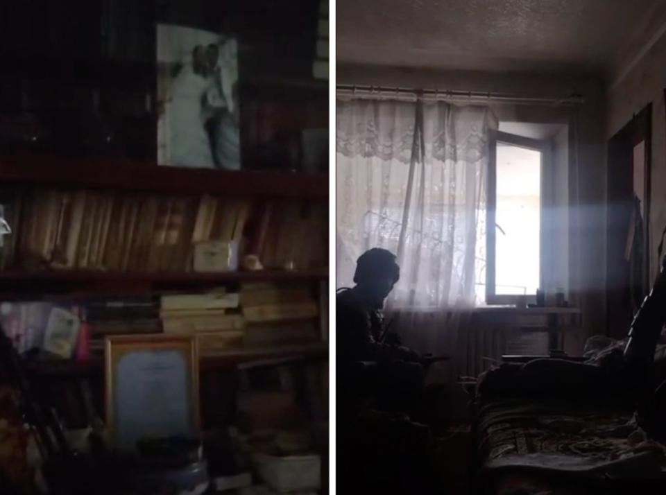 A composite image shows a wedding picture on a wooden bookshelf and an armed Ukrainian soldier sitting by a window with a white lace curtain.