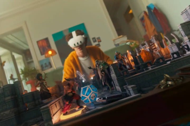 A Quest 3 lifestyle photo simulates mixed reality graphics for tabletop gaming.