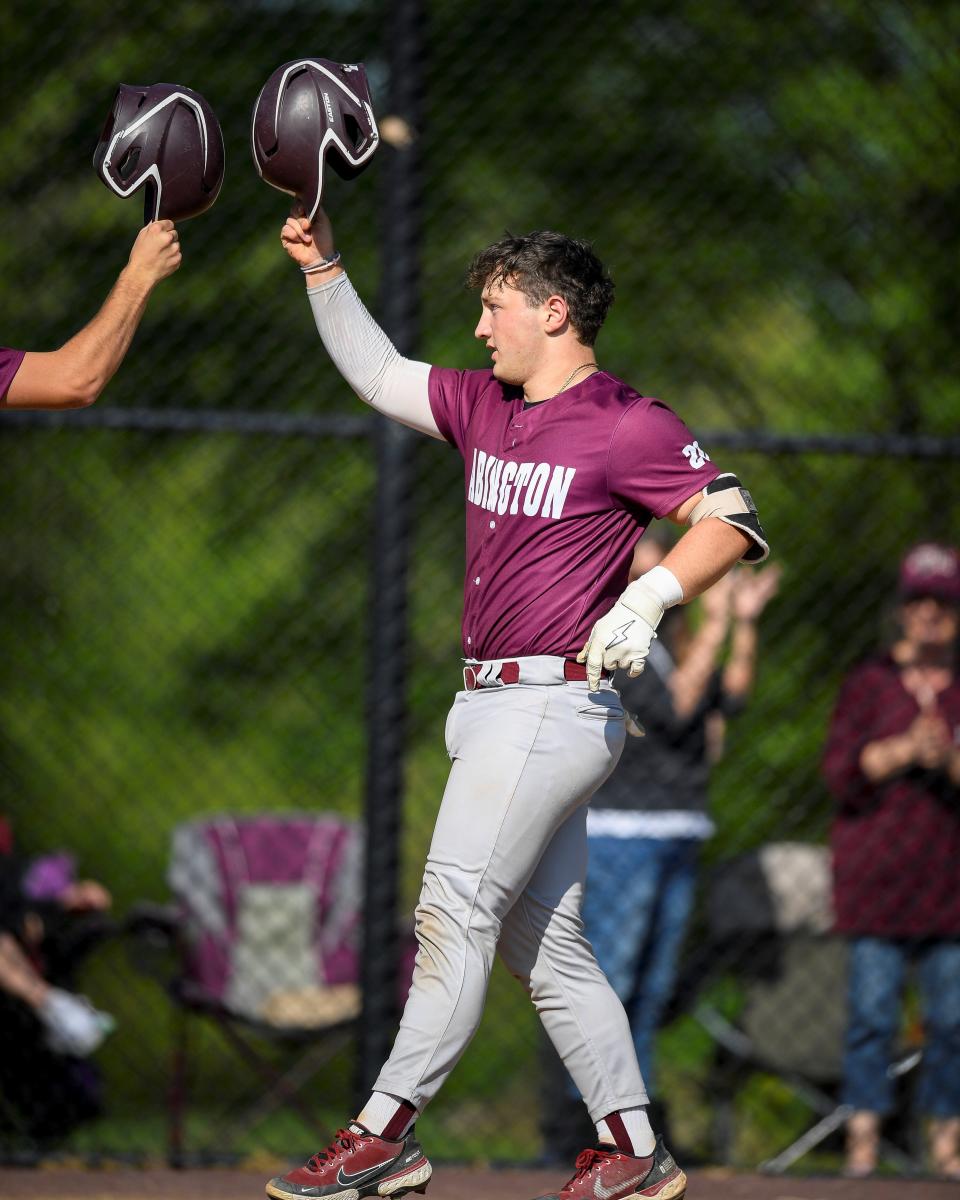 Abington's Alex Dardaris crosses home plate after his two-run homer in the fifth inning against Hatboro-Horsham.