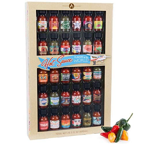 25) Thoughtfully Gifts, Flavors of the World Hot Sauce Sampler Gift Set, Inspired by International Hot Sauce Flavors, Set of 30