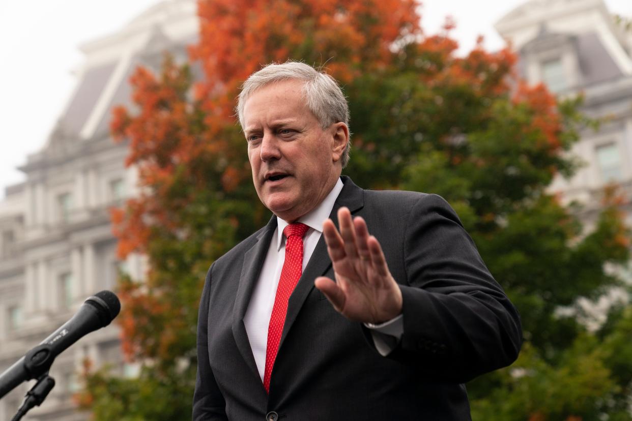 White House chief of staff Mark Meadows speaks with reporters at the White House, Wednesday, Oct. 21, 2020, in Washington.