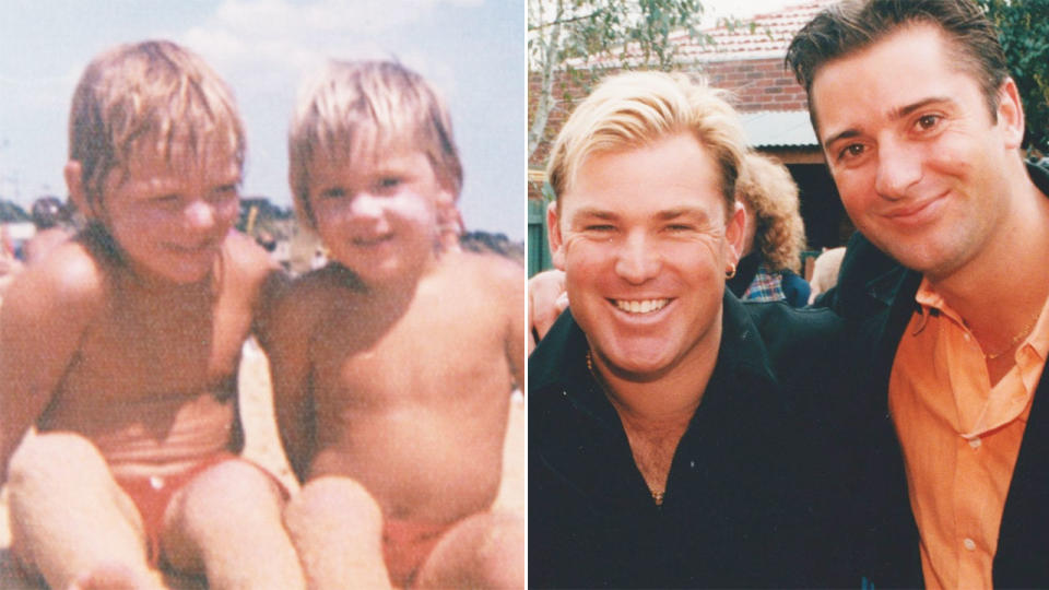 Pictured right is Jason Warne with his brother Shane and the pair on a beach as kids on the left.