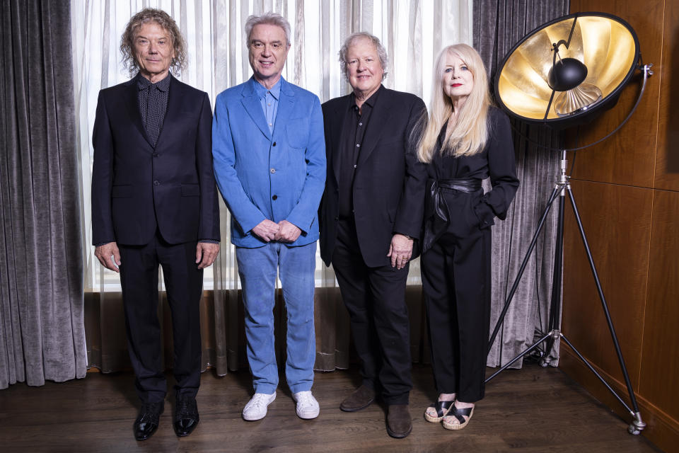 Jerry Harrison, from left, David Byrne, Chris Frantz and Tina Weymouth, of the band Talking Heads pose for a portrait to promote the film "Stop Making Sense" during the Toronto International Film Festival, Monday, Sept. 11, 2023, in Toronto. (Photo by Joel C Ryan/Invision/AP)