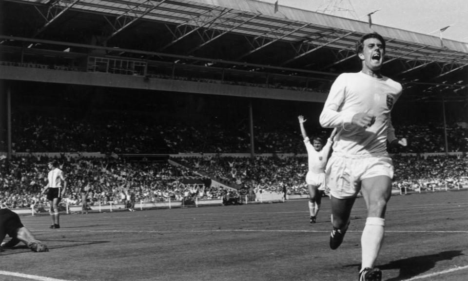 Geoff Hurst celebrates scoring the winner in the 1966 World Cup quarter-final against Argentina