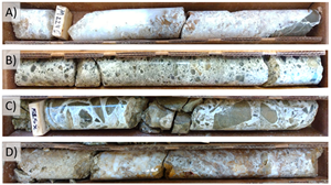 Core photographs of representative epithermal textures encountered in the Headwater 2021 drilling. Core is HQ size, and each row is approximately 60 cm in length. A) Chalcedonic quartz vein from hole MH21-01; B) Heterolithic silica cemented breccia with sub-rounded clasts of milled wallrock from drill hole MH21-01; C) Multiphase vein cemented breccia from drill hole MH21-02; and D) fault-hosted brecciated chalcedonic vein from drill hole MH21-03.