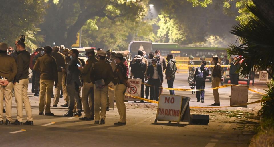 Indian security officials examine at the site of an low-intensity IED blast near the Israeli embassy in New Delhi, India on January 29, 2021. Photo: Imtiyaz Khan/Anadolu Agency via Getty Images