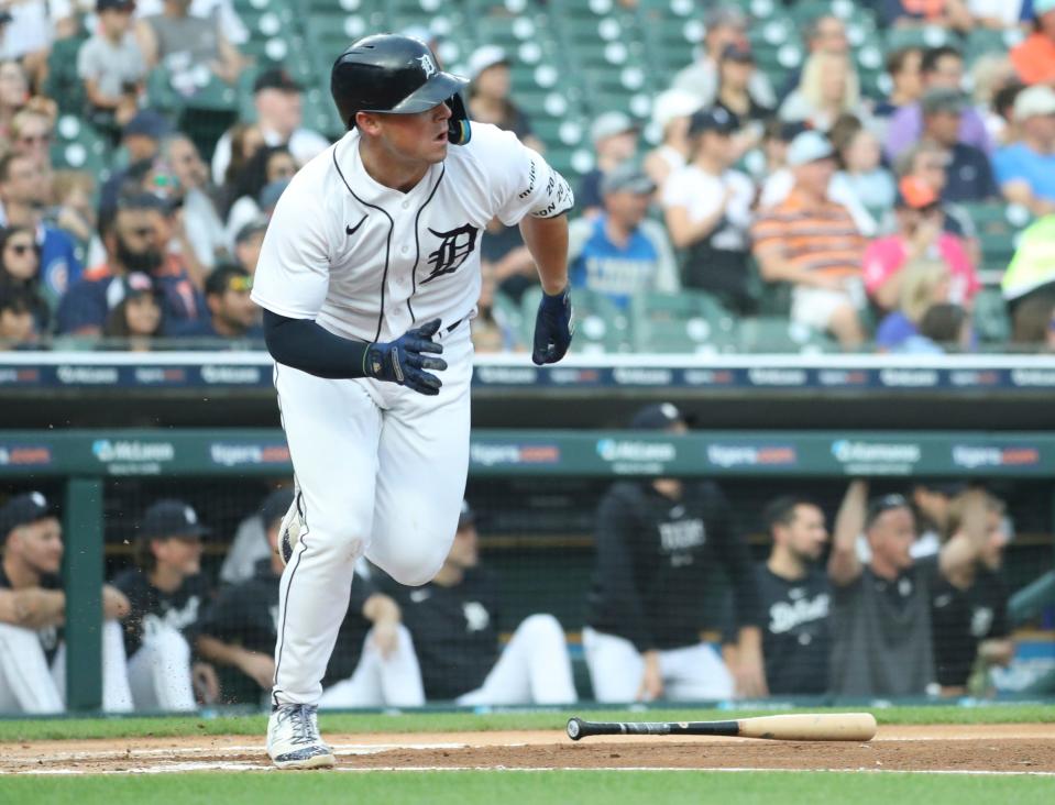 Detroit Tigers first baseman Spencer Torkelson (20) singles against Chicago Cubs starter Javier Assad (72) during first-inning action at Comerica Park in Detroit on Monday, Aug. 21, 2023.