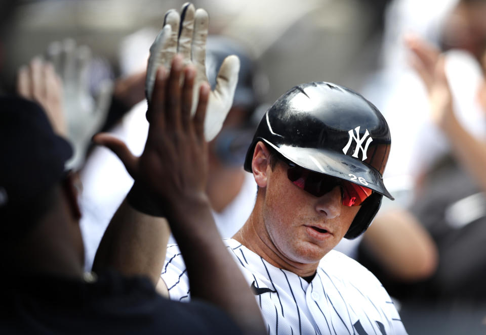 New York Yankees' DJ LeMahieu celebrates after hitting a home run against the Kansas City Royals during the fifth inning of a baseball game Sunday, July 31, 2022, in New York. (AP Photo/Noah K. Murray)