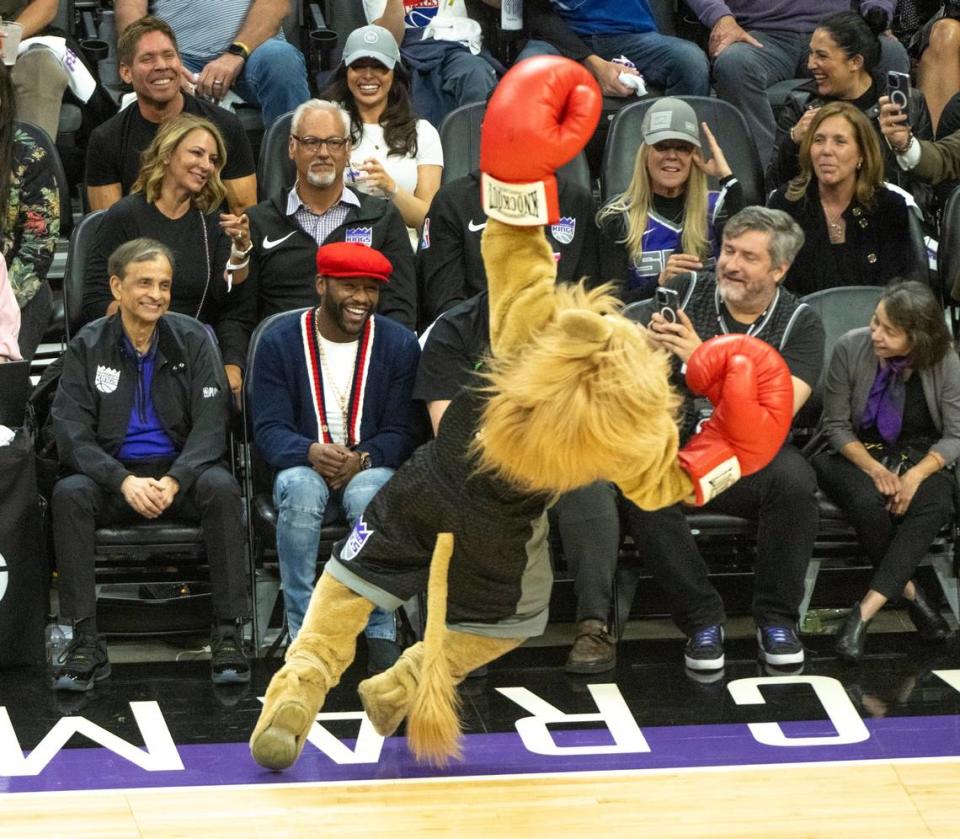 Sacramento Kings mascot Slamson reacts to a fake knock-out punch by retired boxer Floyd Mayweather Jr. during Game 2 of the first-round NBA playoff series at Golden 1 Center on Monday, April 17, 2023.